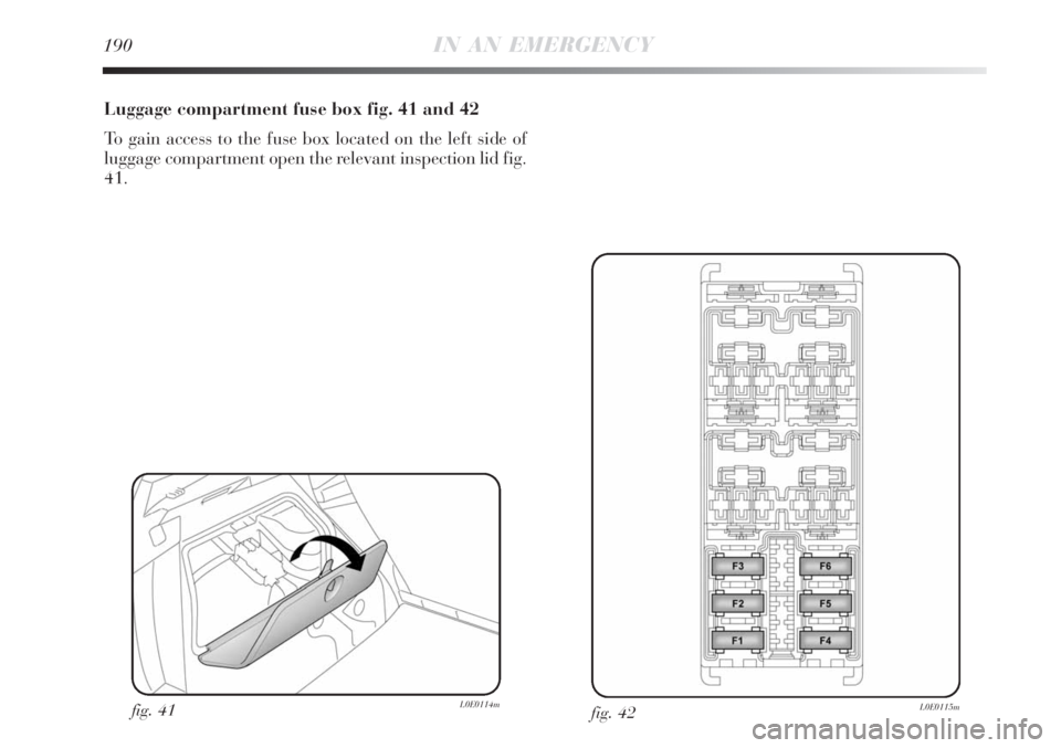 Lancia Delta 2008  Owner handbook (in English) 190IN AN EMERGENCY
Luggage compartment fuse box fig. 41 and 42
To gain access to the fuse box located on the left side of
luggage compartment open the relevant inspection lid fig.
41.
fig. 42L0E0115mf