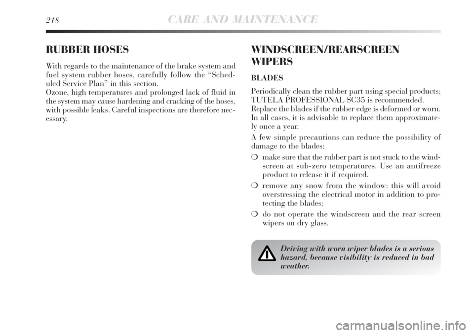 Lancia Delta 2008  Owner handbook (in English) 218CARE AND MAINTENANCE
RUBBER HOSES
With regards to the maintenance of the brake system and
fuel system rubber hoses, carefully follow the “Sched-
uled Service Plan” in this section.
Ozone, high 