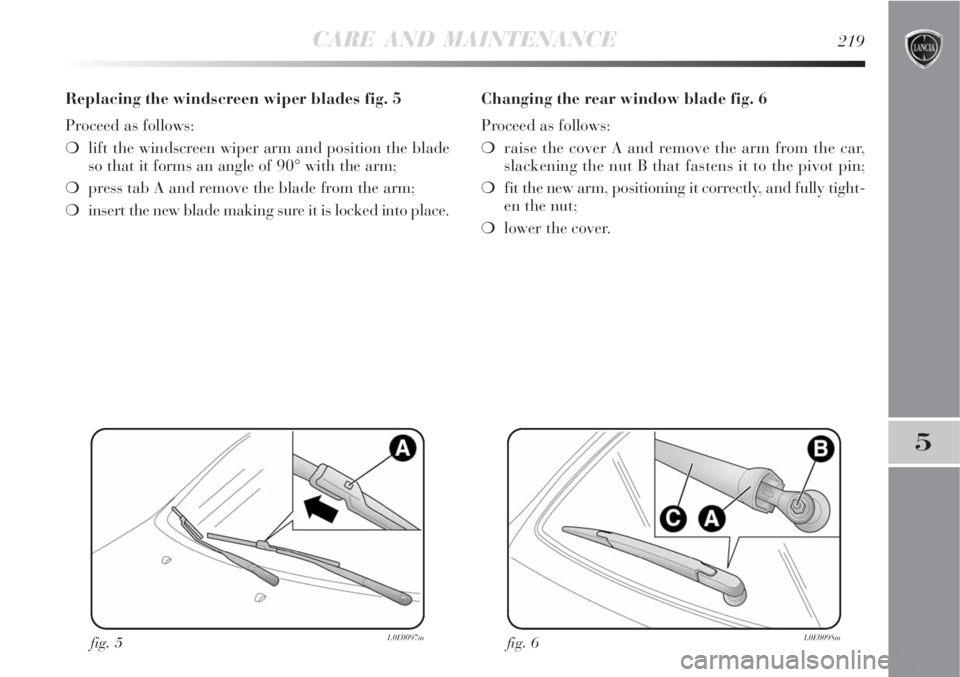 Lancia Delta 2008  Owner handbook (in English) CARE AND MAINTENANCE219
5
Replacing the windscreen wiper blades fig. 5
Proceed as follows:
lift the windscreen wiper arm and position the blade
so that it forms an angle of 90° with the arm;
press 