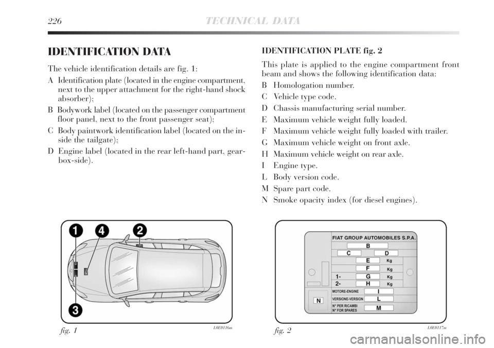 Lancia Delta 2008  Owner handbook (in English) 226TECHNICAL DATA
IDENTIFICATION DATA 
The vehicle identification details are fig. 1:
A    Identification plate (located in the engine compartment,
next to the upper attachment for the right-hand shoc