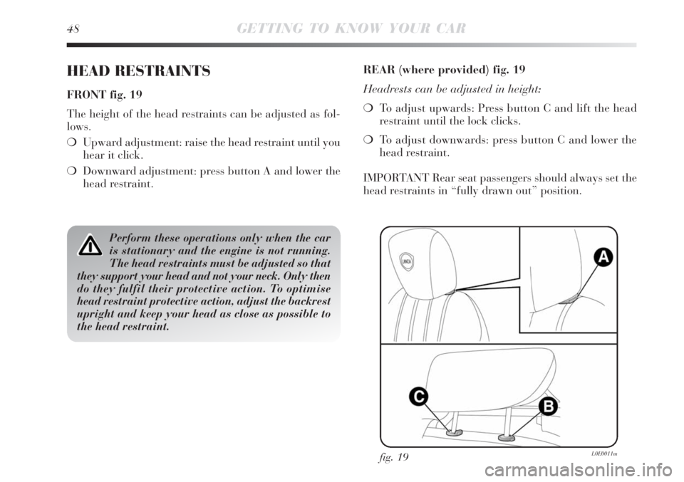 Lancia Delta 2008  Owner handbook (in English) 48GETTING TO KNOW YOUR CAR
HEAD RESTRAINTS
FRONT fig. 19
The height of the head restraints can be adjusted as fol-
lows.
Upward adjustment: raise the head restraint until you
hear it click.
Downward