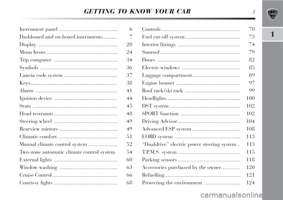 Lancia Delta 2009  Owner handbook (in English) GETTING TO KNOW YOUR CAR5
1
Instrument panel ........................................ 6
Dashboard and on-board instruments.......... 7
Display ....................................................... 2