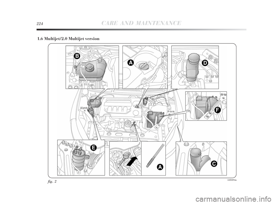 Lancia Delta 2010 Owner handbook (in English) 224CARE AND MAINTENANCE
1.6 Multijet/2.0 Multijet version
fig. 2L0E0094m
215-242 Delta 3ed gb 11-11-2009 12:14 Pagina 224 Lancia Delta 2010 Owner handbook (in English) 224CARE AND MAINTENANCE
1.6 Multijet/2.0 Multijet version
fig. 2L0E0094m
215-242 Delta 3ed gb 11-11-2009 12:14 Pagina 224