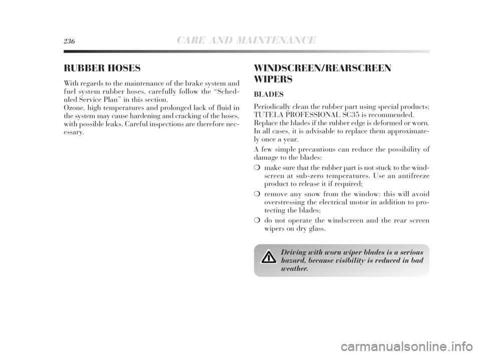 Lancia Delta 2010  Owner handbook (in English) 236CARE AND MAINTENANCE
RUBBER HOSES
With regards to the maintenance of the brake system and
fuel system rubber hoses, carefully follow the “Sched-
uled Service Plan” in this section.
Ozone, high 