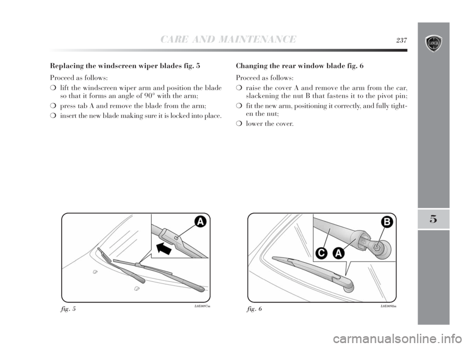 Lancia Delta 2010 Owner handbook (in English) CARE AND MAINTENANCE237
5
Replacing the windscreen wiper blades fig. 5
Proceed as follows:
❍lift the windscreen wiper arm and position the blade
so that it forms an angle of 90° with the arm;
❍pr Lancia Delta 2010 Owner handbook (in English) CARE AND MAINTENANCE237
5
Replacing the windscreen wiper blades fig. 5
Proceed as follows:
❍lift the windscreen wiper arm and position the blade
so that it forms an angle of 90° with the arm;
❍pr