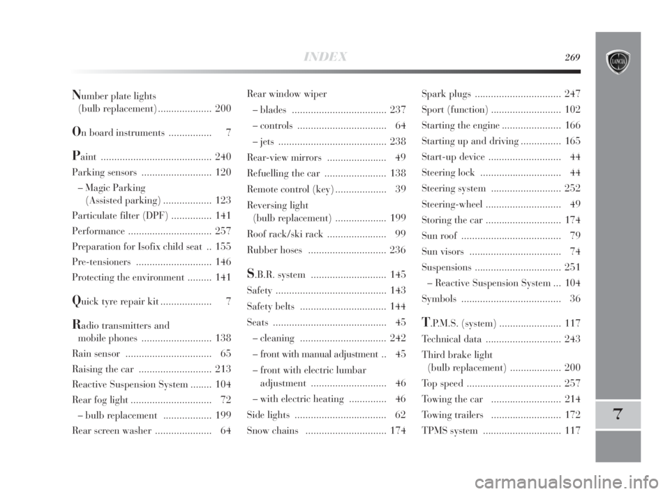 Lancia Delta 2010  Owner handbook (in English) INDEX269
7
Rear window wiper
– blades  ................................... 237
– controls  ................................. 64
– jets  ........................................ 238
Rear-view mir