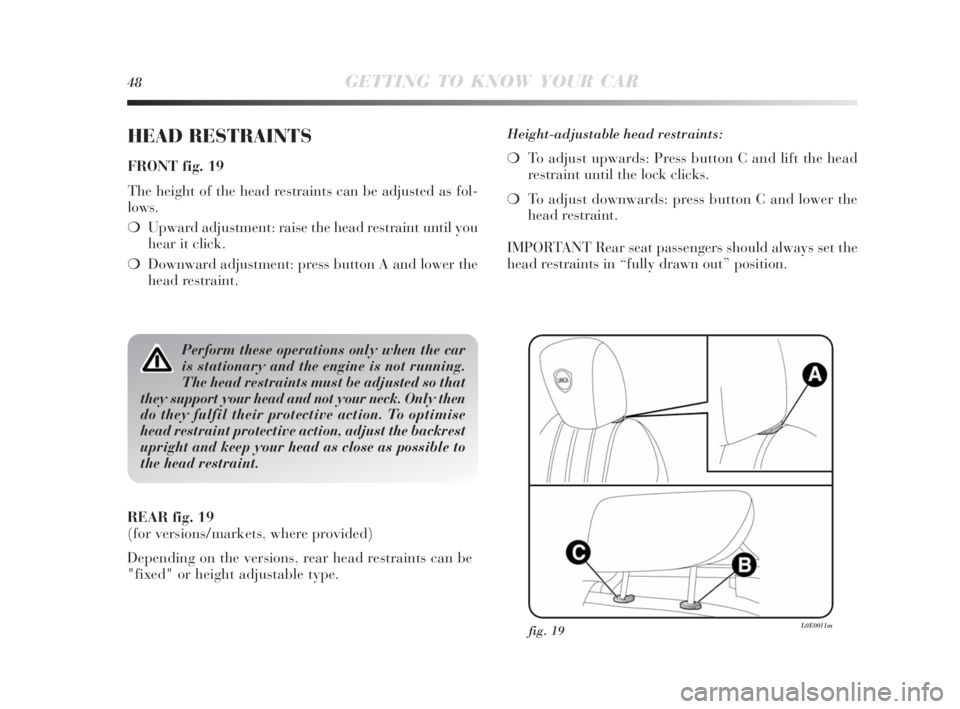 Lancia Delta 2010  Owner handbook (in English) 48GETTING TO KNOW YOUR CAR
HEAD RESTRAINTS
FRONT fig. 19
The height of the head restraints can be adjusted as fol-
lows.
❍Upward adjustment: raise the head restraint until you
hear it click.
❍Down