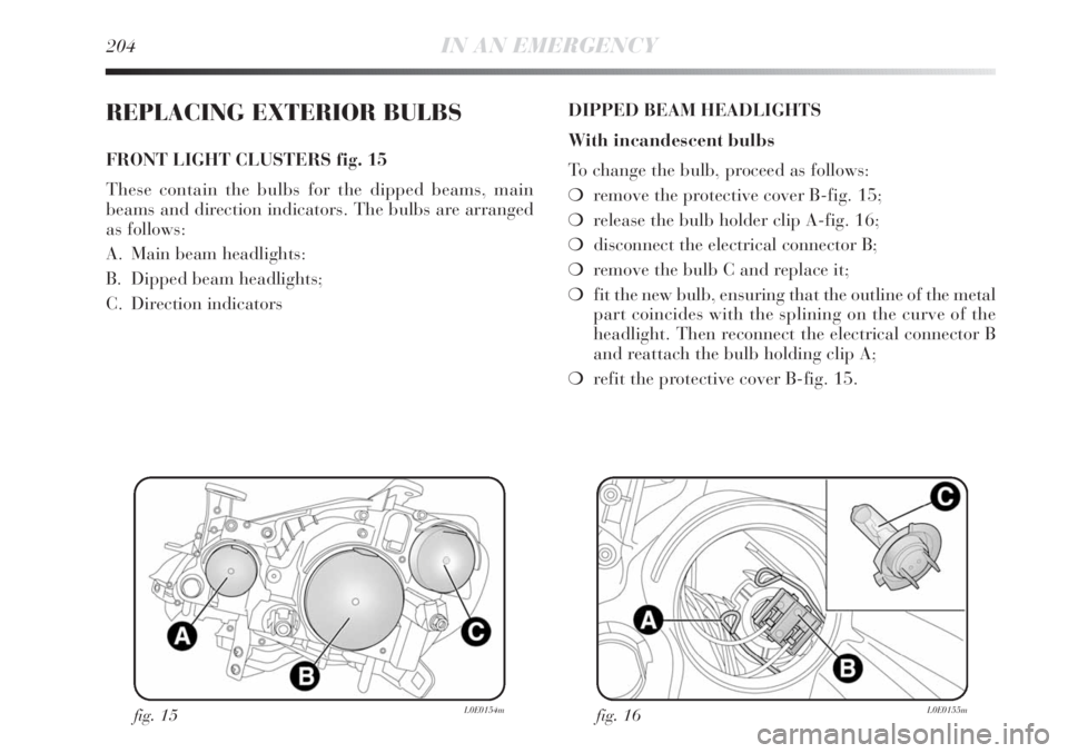 Lancia Delta 2011  Owner handbook (in English) 204IN AN EMERGENCY
REPLACING EXTERIOR BULBS
FRONT LIGHT CLUSTERS fig. 15
These contain the bulbs for the dipped beams, main
beams and direction indicators. The bulbs are arranged
as follows:
A. Main b