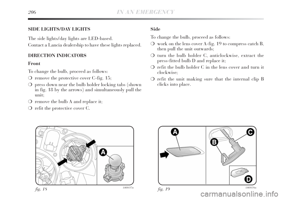 Lancia Delta 2011  Owner handbook (in English) 206IN AN EMERGENCY
SIDE LIGHTS/DAY LIGHTS
The side lights/day lights are LED-based.
Contact a Lancia dealership to have these lights replaced.
DIRECTION INDICATORS
Front
To change the bulb, proceed as