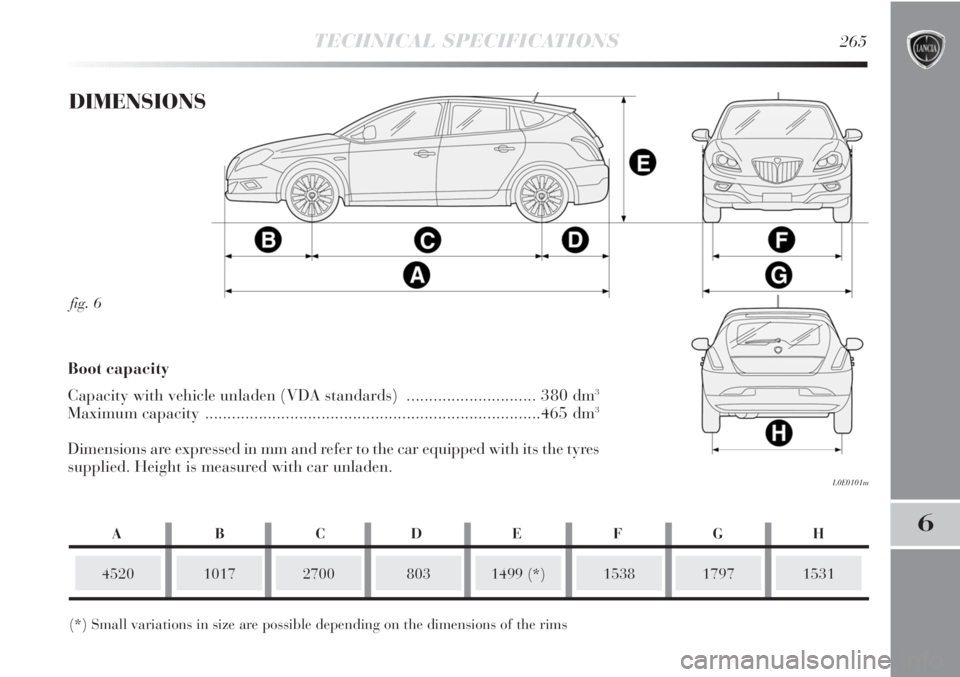 Lancia Delta 2011  Owner handbook (in English) TECHNICAL SPECIFICATIONS265
6
fig. 6
L0E0101m
DIMENSIONS
452010172700
(*) Small variations in size are possible depending on the dimensions of the rims1499 (*)15381531
Boot capacity 
Capacity with veh