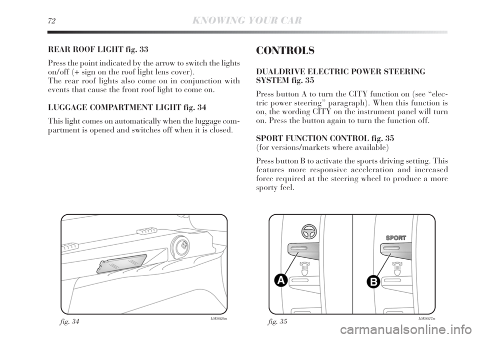 Lancia Delta 2011  Owner handbook (in English) 72KNOWING YOUR CAR
REAR ROOF LIGHT fig. 33
Press the point indicated by the arrow to switch the lights
on/off (+ sign on the roof light lens cover).
The rear roof lights also come on in conjunction wi
