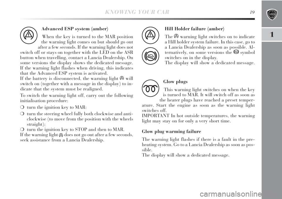 Lancia Delta 2012  Owner handbook (in English) 1
KNOWING YOUR CAR19
Advanced ESP system (amber)
When the key is turned to the MAR position
the warning light comes on but should go out
after a few seconds. If the warning light does not
switch off o