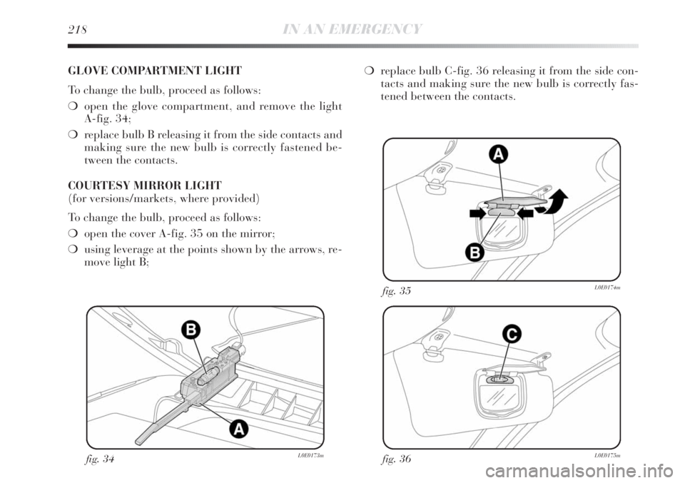 Lancia Delta 2013  Owner handbook (in English) 218IN AN EMERGENCY
fig. 34L0E0173mfig. 36L0E0175m
fig. 35L0E0174m
GLOVE COMPARTMENT LIGHT
To change the bulb, proceed as follows:
❍open the glove compartment, and remove the light 
A-fig. 34;
❍rep