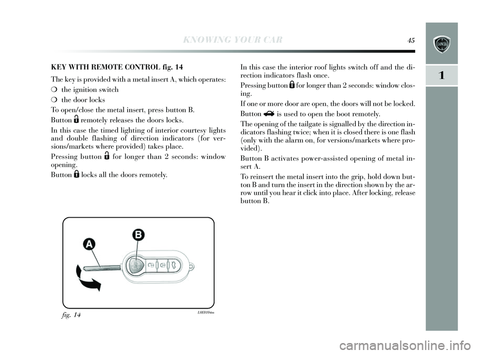 Lancia Delta 2014  Owner handbook (in English) KNOWING YOUR CAR45
1
fig. 14L0E0104m
KEY WITH REMOTE CONTROL fig.14
The key  is provided with a metal ins ert A, which operates:
❍ the ignition s witch 
❍ the door lock s
To open/clo se the metal 