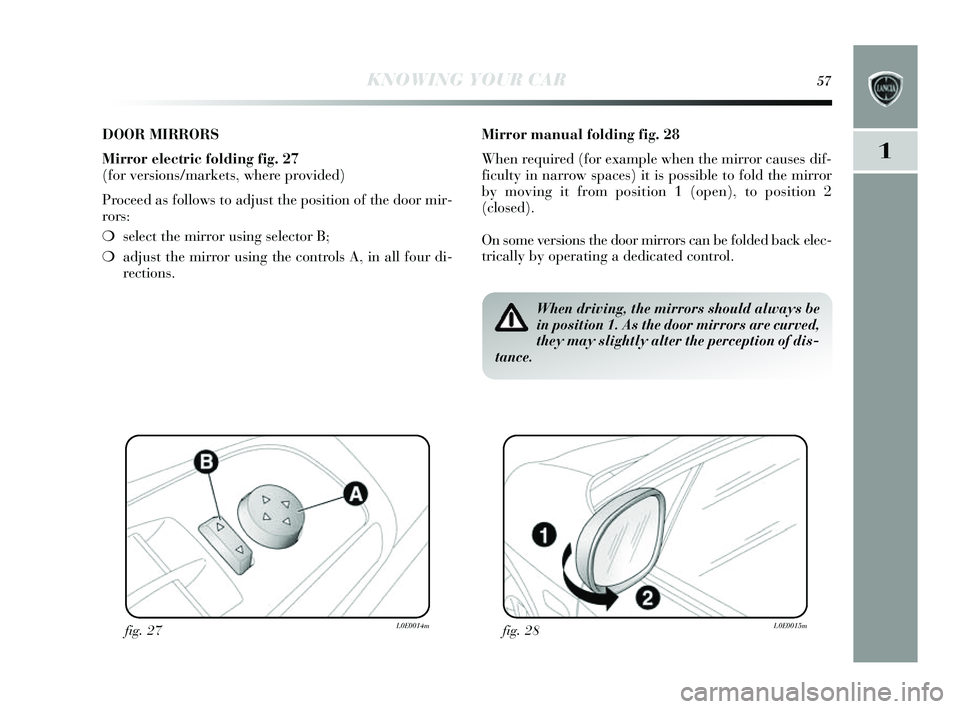 Lancia Delta 2014 Owner handbook (in English) KNOWING YOUR CAR57
1
DOOR MIRRORS
Mirror electric folding fig. 27
(for vers ions/markets , where provided)
Proceed as follows to adjus t the position of the door mir-
ror s:
❍ select the mirror us Lancia Delta 2014 Owner handbook (in English) KNOWING YOUR CAR57
1
DOOR MIRRORS
Mirror electric folding fig. 27
(for vers ions/markets , where provided)
Proceed as follows to adjus t the position of the door mir-
ror s:
❍ select the mirror us