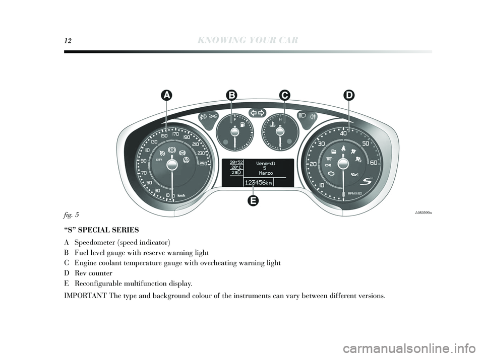 Lancia Delta 2015  Owner handbook (in English) 12KNOWING YOUR CAR
“S ”  SPEC IAL  SERIES
A Speedometer (s peed indicator)
B Fuel level gauge with re serve warning light
C Engine coolant temperature gauge with overheating warning light
D Rev co