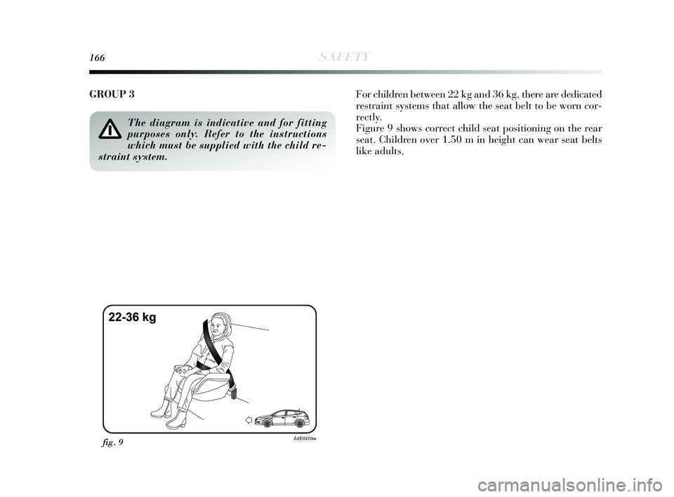 Lancia Delta 2015  Owner handbook (in English) 166SAFETY
GROUP 3 For children between 22 kg and 36 kg, there are dedicated
restraint systems that allow the seat belt to be worn cor-
rectly.
Figure 9 shows correct child seat positioning on the rear