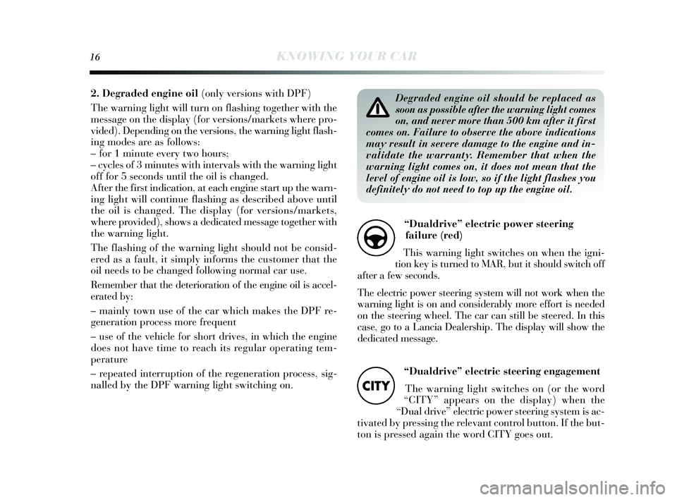 Lancia Delta 2015  Owner handbook (in English) 16KNOWING YOUR CAR
Degraded engine oil should be replaced as
soon as possible after the warning light comes
on, and never more than 500 km after it first
comes on. Failure to observe the above indicat