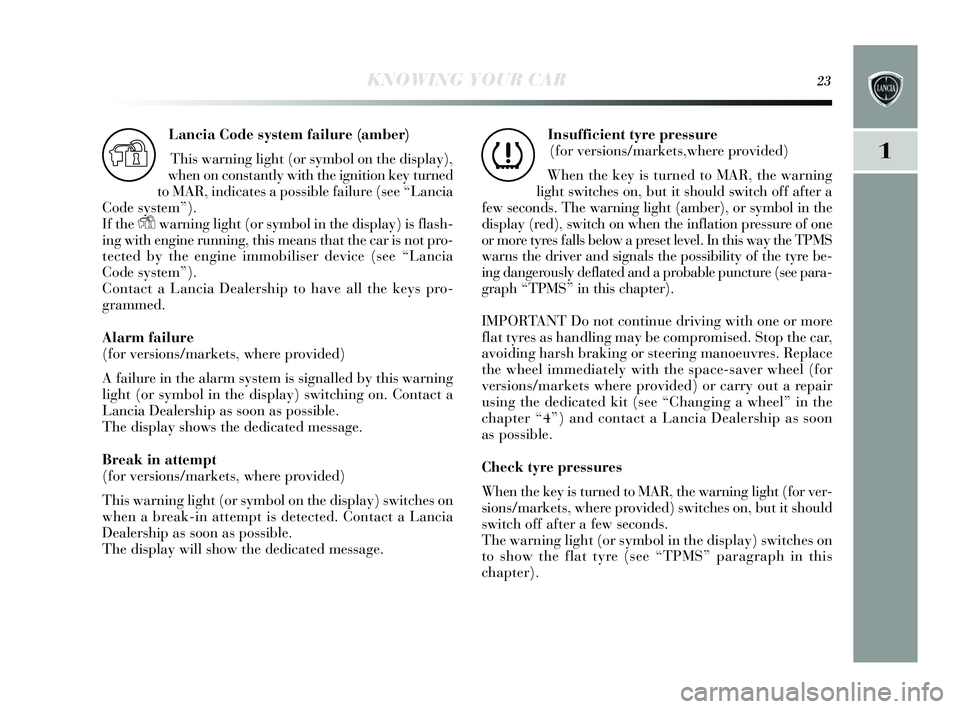 Lancia Delta 2015  Owner handbook (in English) KNOWING YOUR CAR23
1
Lancia Code sy stem failure (amber)
This  warning light (or  symbol on the display ),
when on cons tantly with the ignition key  turned
to MAR, indicates  a possible failure ( see