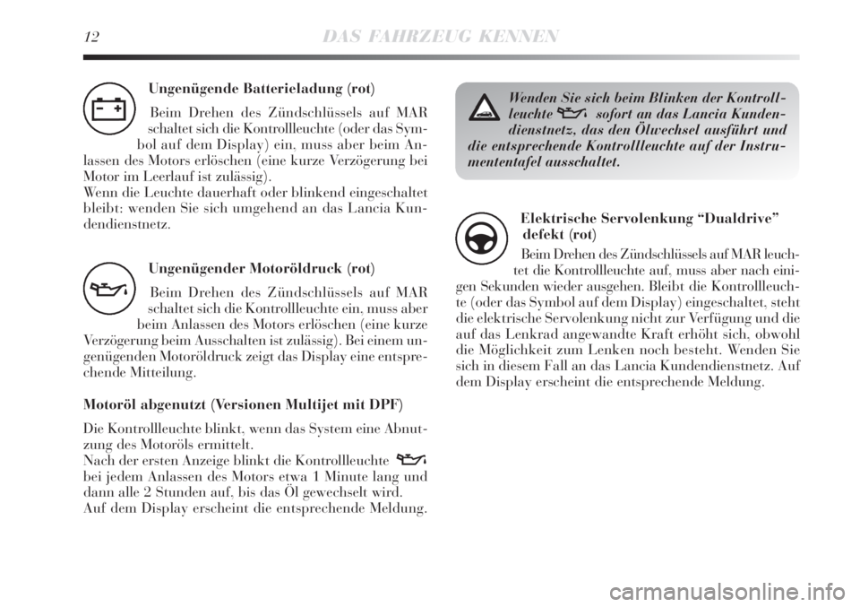 Lancia Delta 2008  Betriebsanleitung (in German) 12DAS FAHRZEUG KENNEN
Ungenügende Batterieladung (rot)
Beim Drehen des Zündschlüssels auf MAR
schaltet sich die Kontrollleuchte (oder das Sym-
bol auf dem Display) ein, muss aber beim An-
lassen de