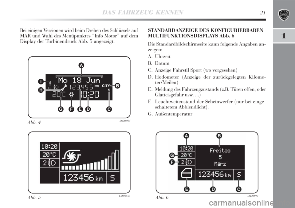 Lancia Delta 2009  Betriebsanleitung (in German) DAS FAHRZEUG KENNEN21
1
Bei einigen Versionen wird beim Drehen des Schlüssels auf
MAR und Wahl des Menüpunktes “Info Motor” auf dem
Display der Turbinendruck Abb. 5 angezeigt.
Abb. 4L0E1000d
Abb