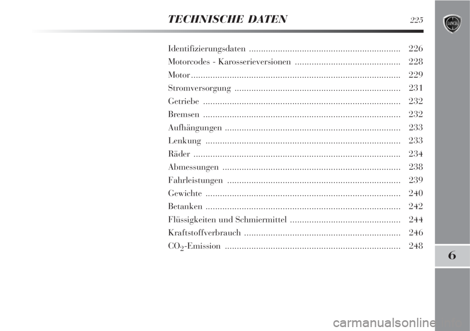 Lancia Delta 2009  Betriebsanleitung (in German) TECHNISCHE DATEN225
6
Identifizierungsdaten ............................................................... 226
Motorcodes - Karosserieversionen ............................................ 228
Motor.