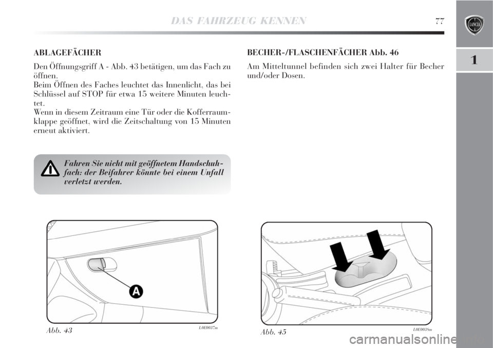 Lancia Delta 2008  Betriebsanleitung (in German) DAS FAHRZEUG KENNEN77
1
Fahren Sie nicht mit geöffnetem Handschuh-
fach: der Beifahrer könnte bei einem Unfall
verletzt werden.
ABLAGEFÄCHER
Den Öffnungsgriff A - Abb. 43 betätigen, um das Fach z