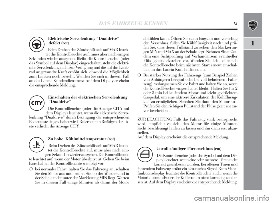 Lancia Delta 2010  Betriebsanleitung (in German) DAS FAHRZEUG KENNEN13
1
Elektrische Servolenkung “Dualdrive”
defekt (rot)
Beim Drehen des Zündschlüssels auf MAR leuch-
tet die Kontrollleuchte auf, muss aber nach einigen
Sekunden wieder ausgeh