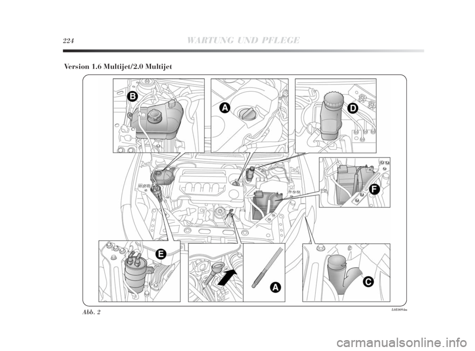 Lancia Delta 2010  Betriebsanleitung (in German) 224WARTUNG UND PFLEGE
Version 1.6 Multijet/2.0 Multijet
Abb. 2L0E0094m
215-242 Delta 3ed D  11-11-2009  13:30  Pagina 224 