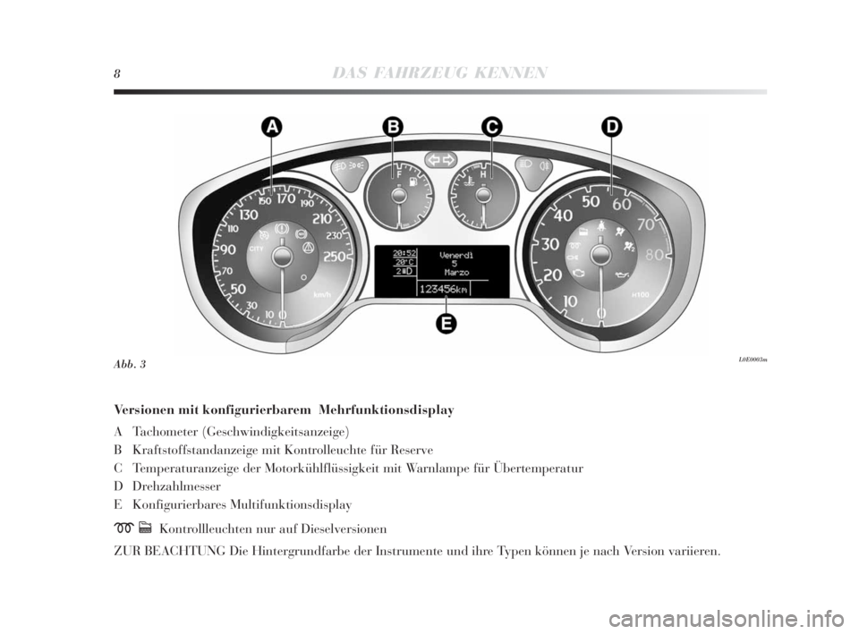 Lancia Delta 2010 Betriebsanleitung (in German) 8DAS FAHRZEUG KENNEN
Versionen mit konfigurierbarem Mehrfunktionsdisplay
A Tachometer (Geschwindigkeitsanzeige)
B Kraftstoffstandanzeige mit Kontrolleuchte für Reserve
C Temperaturanzeige der Motork Lancia Delta 2010 Betriebsanleitung (in German) 8DAS FAHRZEUG KENNEN
Versionen mit konfigurierbarem Mehrfunktionsdisplay
A Tachometer (Geschwindigkeitsanzeige)
B Kraftstoffstandanzeige mit Kontrolleuchte für Reserve
C Temperaturanzeige der Motork