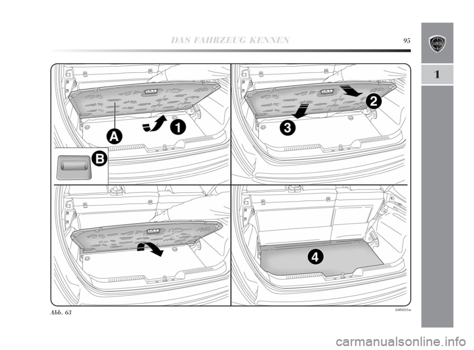 Lancia Delta 2010 Betriebsanleitung (in German) DAS FAHRZEUG KENNEN95
1
Abb. 63L0E0221m
001-142 Delta 3ed D 30-11-2009 16:39 Pagina 95 Lancia Delta 2010 Betriebsanleitung (in German) DAS FAHRZEUG KENNEN95
1
Abb. 63L0E0221m
001-142 Delta 3ed D 30-11-2009 16:39 Pagina 95
