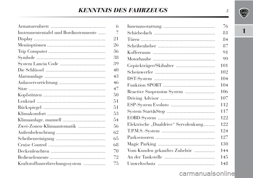 Lancia Delta 2011  Betriebsanleitung (in German) KENNTNIS DES FAHRZEUGS5
1
Armaturenbrett.......................................... 6
Instrumententafel und Bordinstrumente ...... 7
Display ....................................................... 21
M