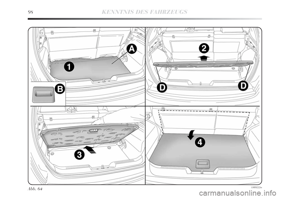 Lancia Delta 2011 Betriebsanleitung (in German) 98KENNTNIS DES FAHRZEUGS
Abb. 64L0E0222m Lancia Delta 2011 Betriebsanleitung (in German) 98KENNTNIS DES FAHRZEUGS
Abb. 64L0E0222m