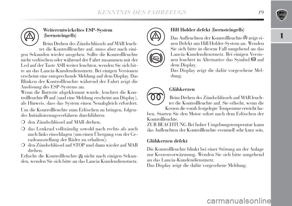 Lancia Delta 2013  Betriebsanleitung (in German) KENNTNIS DES FAHRZEUGS19
1
Weiterentwickeltes ESP-System
(bernsteingelb)
Beim Drehen des Zündschlüssels auf MAR leuch-
tet die Kontrollleuchte auf, muss aber nach eini-
gen Sekunden wieder ausgehen.
