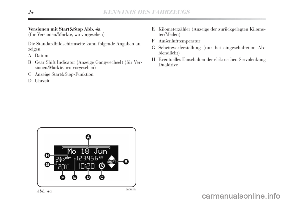 Lancia Delta 2013  Betriebsanleitung (in German) 24KENNTNIS DES FAHRZEUGS
Versionen mit Start&Stop Abb. 4a
(für Versionen/Märkte, wo vorgesehen)
Die Standardbildschirmseite kann folgende Angaben an-
zeigen:
ADatum
B Gear Shift Indicator (Anzeige G