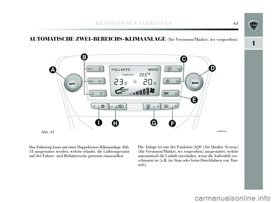 Lancia Delta 2014  Betriebsanleitung (in German) 1
KENNTNIS DES FAHRZEUGS61
AUTOMATISCHE ZWEI-BEREICHS-KLIMAANLAGE (für Versionen/Märkte, wo vorgesehen)
L0E0018mAbb. 31
Das Fahrzeug kann mit einer Doppelzonen-Klimaanlage Abb.
31 au sges tattet wer