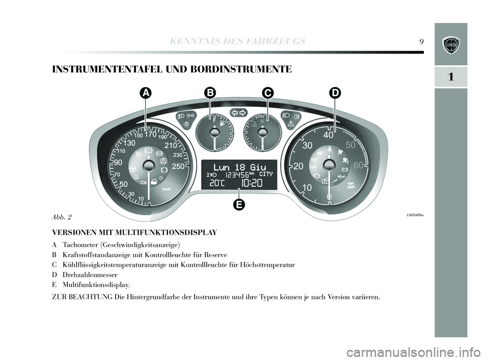 Lancia Delta 2015 Betriebsanleitung (in German) 1
KENNTNIS DES FAHRZEUGS9
INSTRUMENTENTAFEL UND BORDINSTRUMENTE
VERSIONEN MIT MULTIFUNKTIONSDISPLAY
A Tachometer (Geschwindigkeits anzeige)
B Krafts toffstandanzeige mit Kontrollleuchte für Re serve
Lancia Delta 2015 Betriebsanleitung (in German) 1
KENNTNIS DES FAHRZEUGS9
INSTRUMENTENTAFEL UND BORDINSTRUMENTE
VERSIONEN MIT MULTIFUNKTIONSDISPLAY
A Tachometer (Geschwindigkeits anzeige)
B Krafts toffstandanzeige mit Kontrollleuchte für Re serve