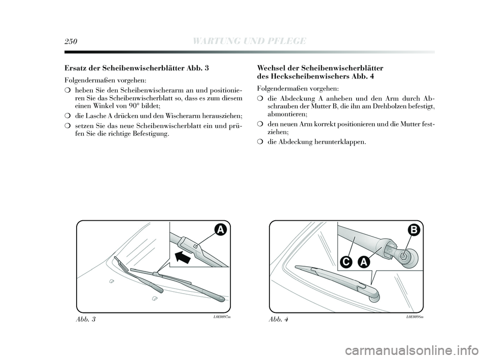 Lancia Delta 2015  Betriebsanleitung (in German) 250WARTUNG UND PFLEGE
Ersatz der Scheibenwischerblätter Abb. 3
Folgendermaßen vorgehen:
❍heben Sie den Scheibenwischerarm an und positionie-
ren Sie das Scheibenwischerblatt so, dass es zum diesem