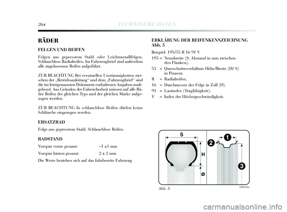Lancia Delta 2015  Betriebsanleitung (in German) 264TECHNISCHE DATEN
RÄDER
FELGEN UND REIFEN
Felgen aus gepresstem Stahl oder Leichtmetallfelgen.
Schlauchlose Radialreifen. Im Fahrzeugbrief sind außerdem
alle zugelassenen Reifen aufgeführt.
ZUR B