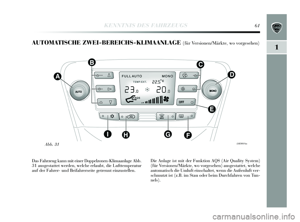 Lancia Delta 2015  Betriebsanleitung (in German) 1
KENNTNIS DES FAHRZEUGS61
AUTOMATISCHE ZWEI-BEREICHS-KLIMAANLAGE (für Versionen/Märkte, wo vorgesehen)
L0E0018mAbb. 31
Das Fahrzeug kann mit einer Doppelzonen-Klimaanlage Abb.
31 au sges tattet wer