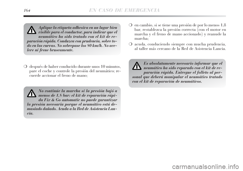 Lancia Delta 2008  Manual de Empleo y Cuidado (in Spanish) 164EN CASO DE EMERGENCIA
después de haber conducido durante unos 10 minutos,
pare el coche y controle la presión del neumático; re-
cuerde accionar el freno de mano;en cambio, si se tiene una pre