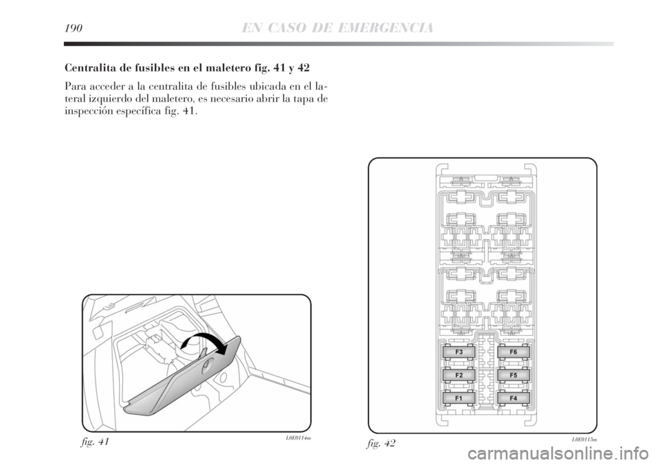 Lancia Delta 2008 Manual de Empleo y Cuidado (in Spanish) 190EN CASO DE EMERGENCIA
Centralita de fusibles en el maletero fig. 41 y 42
Para acceder a la centralita de fusibles ubicada en el la-
teral izquierdo del maletero, es necesario abrir la tapa de
inspe Lancia Delta 2008 Manual de Empleo y Cuidado (in Spanish) 190EN CASO DE EMERGENCIA
Centralita de fusibles en el maletero fig. 41 y 42
Para acceder a la centralita de fusibles ubicada en el la-
teral izquierdo del maletero, es necesario abrir la tapa de
inspe