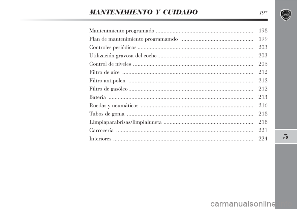 Lancia Delta 2008 Manual de Empleo y Cuidado (in Spanish) MANTENIMIENTO Y CUIDADO197
5
Mantenimiento programado ................................................................ 198
Plan de mantenimiento programamdo ........................................... Lancia Delta 2008 Manual de Empleo y Cuidado (in Spanish) MANTENIMIENTO Y CUIDADO197
5
Mantenimiento programado ................................................................ 198
Plan de mantenimiento programamdo ...........................................