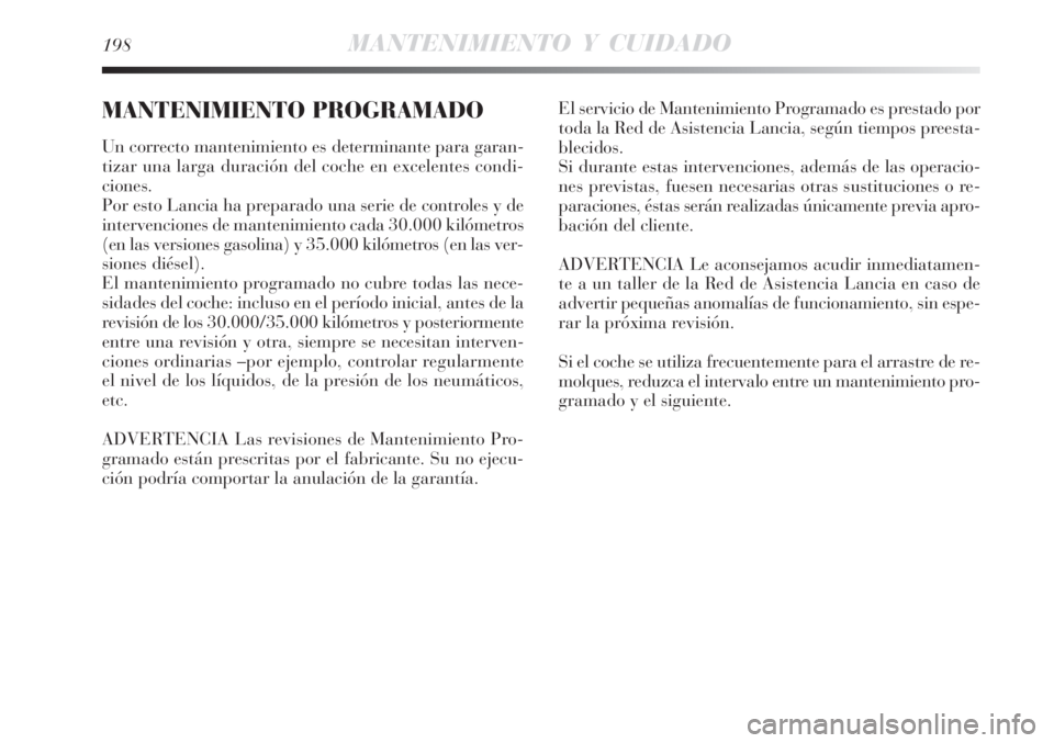 Lancia Delta 2008 Manual de Empleo y Cuidado (in Spanish) 198MANTENIMIENTO Y CUIDADO
MANTENIMIENTO PROGRAMADO
Un correcto mantenimiento es determinante para garan-
tizar una larga duración del coche en excelentes condi-
ciones.
Por esto Lancia ha preparado Lancia Delta 2008 Manual de Empleo y Cuidado (in Spanish) 198MANTENIMIENTO Y CUIDADO
MANTENIMIENTO PROGRAMADO
Un correcto mantenimiento es determinante para garan-
tizar una larga duración del coche en excelentes condi-
ciones.
Por esto Lancia ha preparado
