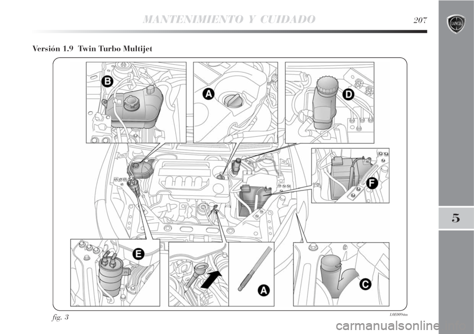 Lancia Delta 2008  Manual de Empleo y Cuidado (in Spanish) MANTENIMIENTO Y CUIDADO207
5
Versión 1.9  Twin Turbo Multijet
fig. 3L0E0094m 