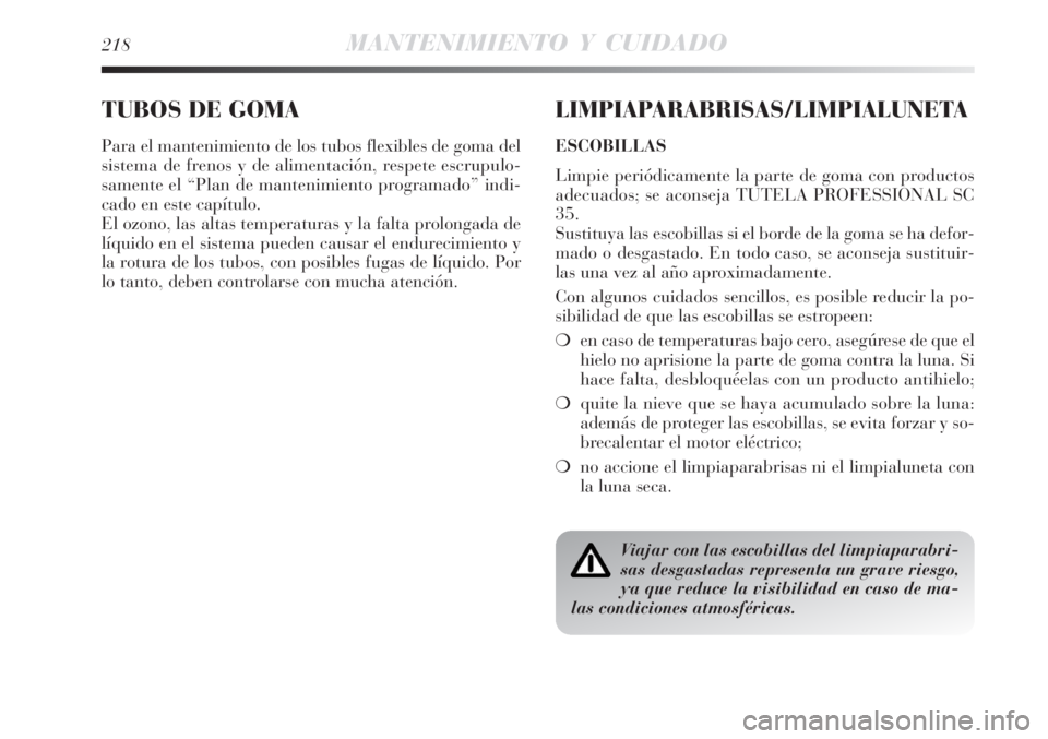 Lancia Delta 2008  Manual de Empleo y Cuidado (in Spanish) 218MANTENIMIENTO Y CUIDADO
TUBOS DE GOMA
Para el mantenimiento de los tubos flexibles de goma del
sistema de frenos y de alimentación, respete escrupulo-
samente el “Plan de mantenimiento programad