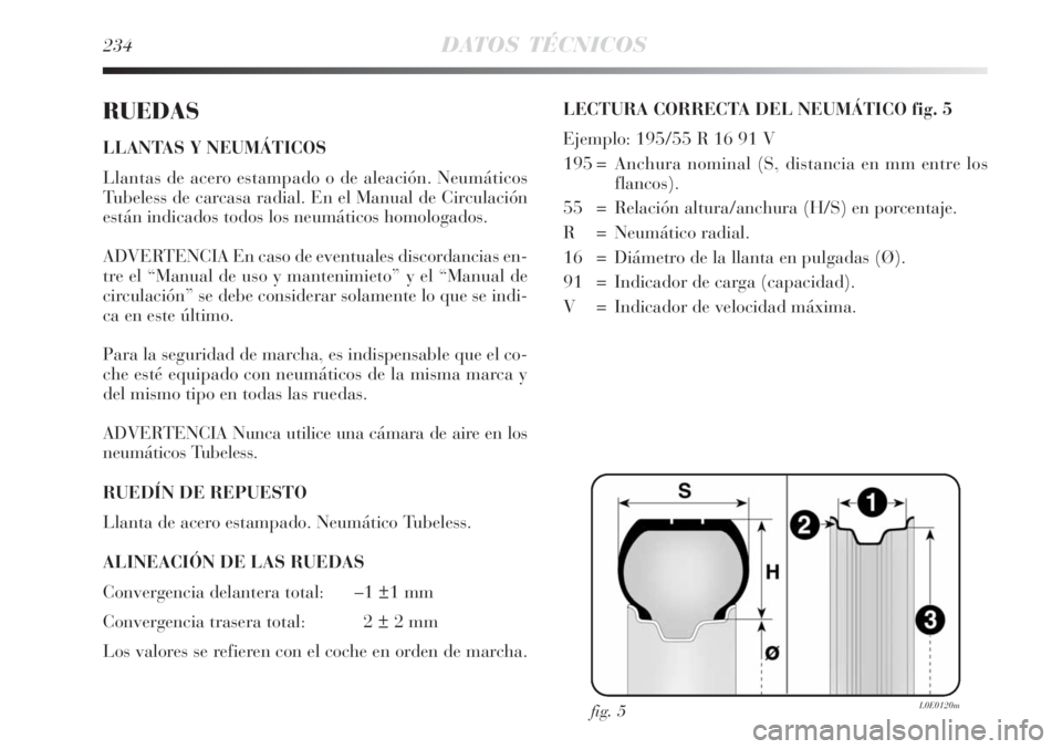 Lancia Delta 2008  Manual de Empleo y Cuidado (in Spanish) 234DATOS TÉCNICOS
RUEDAS
LLANTAS Y NEUMÁTICOS
Llantas de acero estampado o de aleación. Neumáticos
Tubeless de carcasa radial. En el Manual de Circulación
están indicados todos los neumáticos h