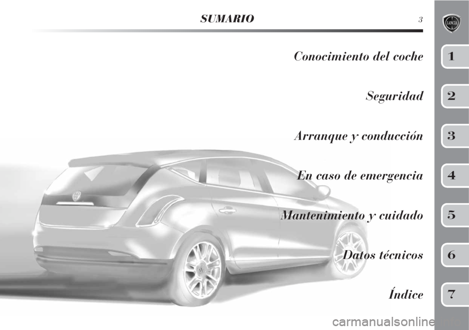 Lancia Delta 2008  Manual de Empleo y Cuidado (in Spanish) SUMARIO3
Conocimiento del coche
Seguridad
Arranque y conducción
En caso de emergencia
Mantenimiento y cuidado
Datos técnicos
Índice1
2
3
4
5
6
7 