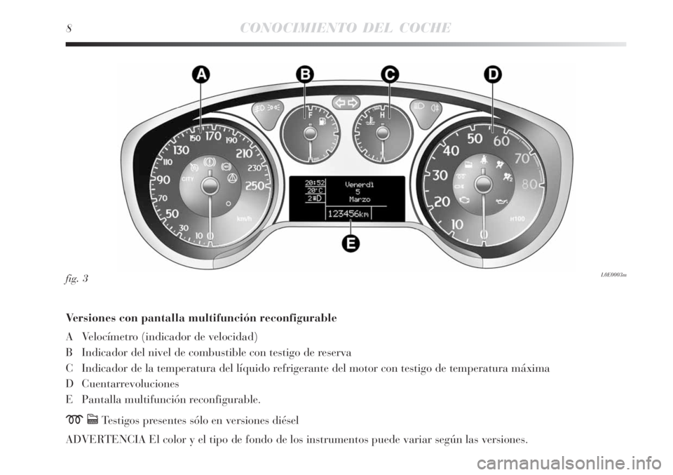 Lancia Delta 2008  Manual de Empleo y Cuidado (in Spanish) 8CONOCIMIENTO DEL COCHE
Versiones con pantalla multifunción reconfigurable
A Velocímetro (indicador de velocidad)
B Indicador del nivel de combustible con testigo de reserva
C Indicador de la temper