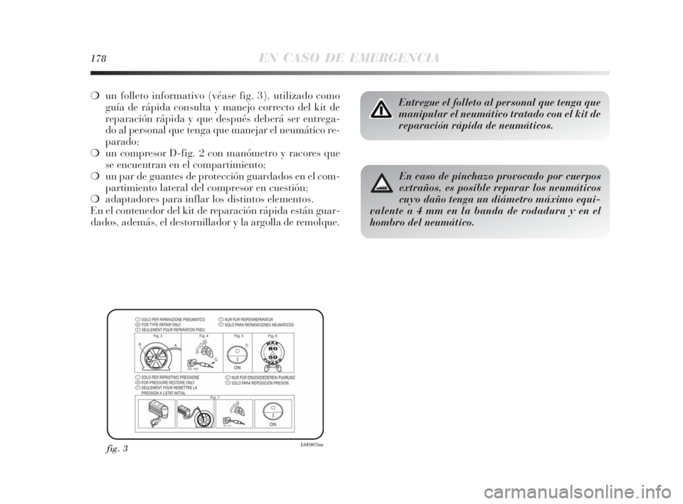 Lancia Delta 2010 Manual de Empleo y Cuidado (in Spanish) 178EN CASO DE EMERGENCIA
❍un folleto informativo (véase fig. 3), utilizado como
guía de rápida consulta y manejo correcto del kit de
reparación rápida y que después deberá ser entrega-
do al Lancia Delta 2010 Manual de Empleo y Cuidado (in Spanish) 178EN CASO DE EMERGENCIA
❍un folleto informativo (véase fig. 3), utilizado como
guía de rápida consulta y manejo correcto del kit de
reparación rápida y que después deberá ser entrega-
do al